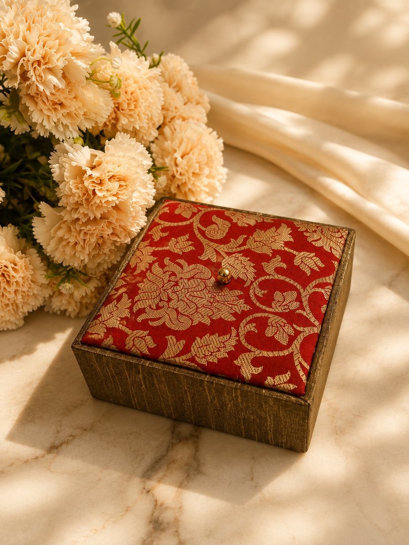 Open hamper with brocade box detail